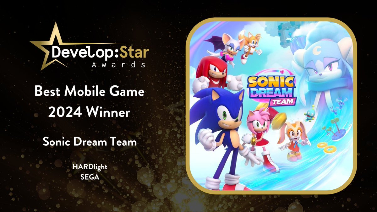 developconf's tweet photo. The Develop:Star Awards 2024 Best Mobile Game winner is Sonic Dream Team from @SEGAHARDlight! Congratulations! ⭐️ #DevelopStars https://t.co/fvazvzDaEa