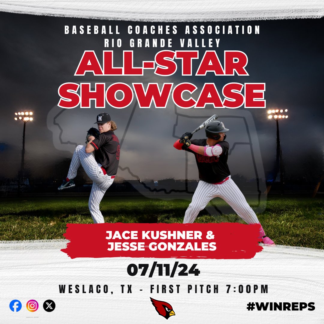 Congrats gentlemen on being selected to play in the BCARGV All Star Showcase! 🙌 #CardinalGrit #CSND 

<a href="/JesseJames42878/">Jesse James Gonzales</a> 
<a href="/Jace_Kushner/">Jace Kushner</a> 
<a href="/HCISD_Athletics/">Harlingen CISD Athletics</a> 
<a href="/HgnCardinalBsbl/">Harlingen Cardinals Baseball Official</a> 
<a href="/HHSBaseball2024/">Harlingen Cardinal Baseball</a> 
<a href="/Riosportslive/">RSL Network</a>