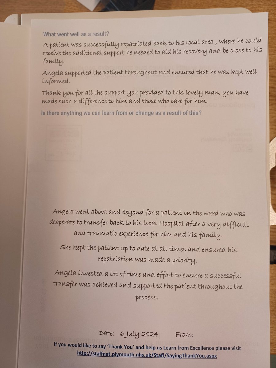 Sr Angela from Stonehouse ward went above and beyond to facilitate the repatriation for one of her patients. This was recognised by a colleague and they took the time to thank her. Very well deserved 👏 @angela_kellow <a href="/Nickymetty/">Nicky Metcalfe</a> <a href="/PtExpUHP/">Patient Experience Team @ UHP</a> <a href="/DerrifordNurses/">UHP Nursing 💙</a> <a href="/UHP_NHS/">University Hospitals Plymouth NHS Trust</a>