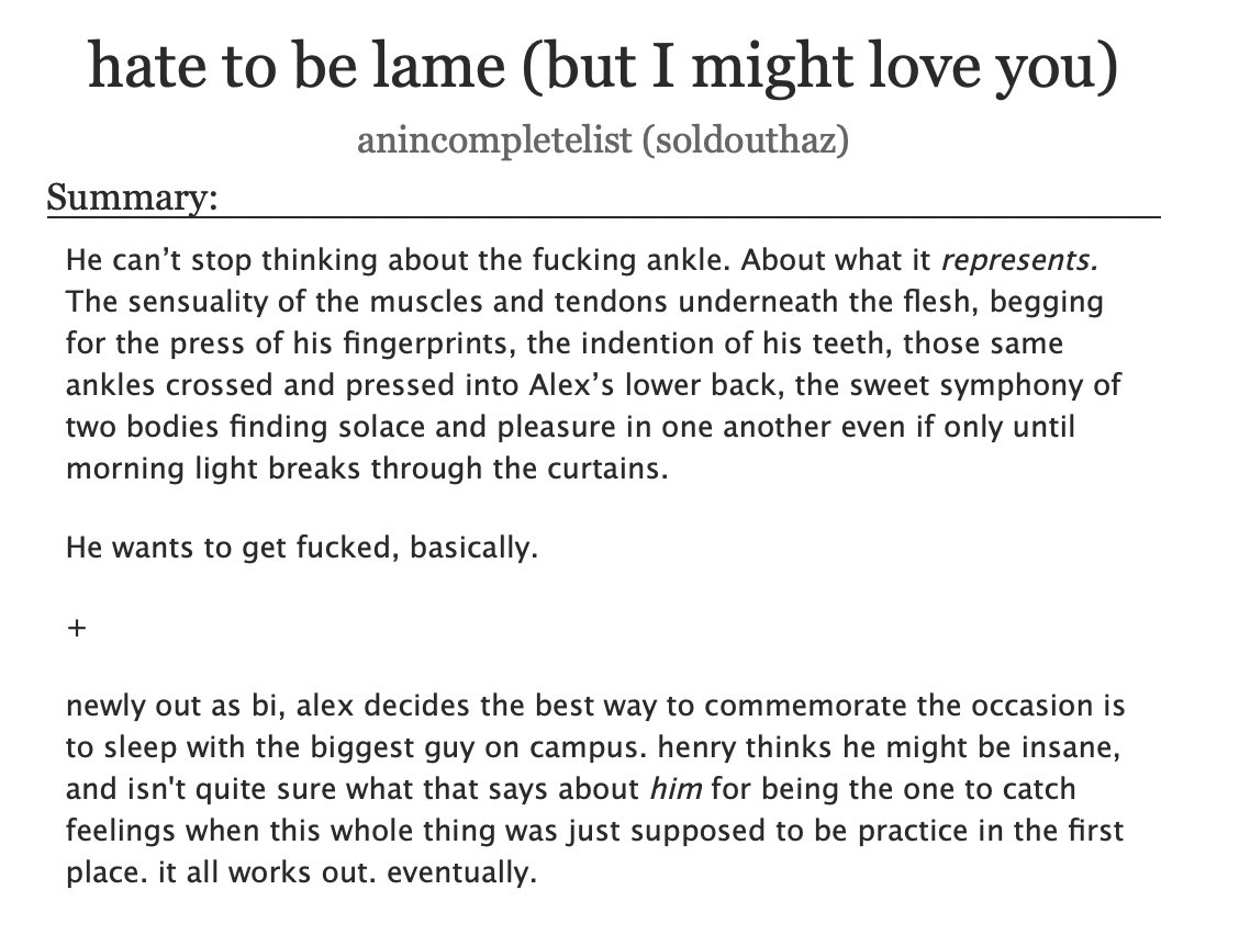 hate to be lame (but I might love you) 
e | 45k 

archiveofourown.org/works/57278650