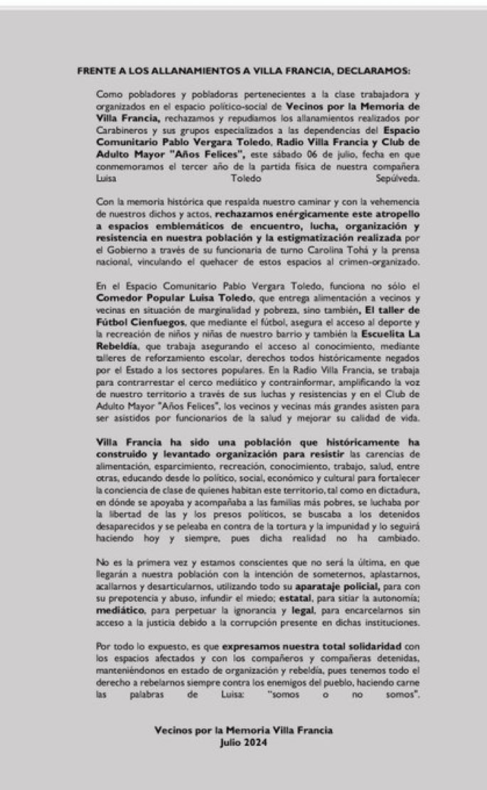 ꧁Claudia꧂ Ni Un Voto a la Derecha!! (@catorrel) on Twitter photo difunda comparta el texto "Vecinos Por La Memoria Villa Francia".
Que este texto llegué a todos los rincones.
<a href="/GabrielBoric/">Gabriel Boric Font</a>
<a href="/Carolina_Toha/">Carolina Tohá</a>
<a href="/24HorasTVN/">24 Horas</a>
<a href="/ActualidadRT/">RT en Español</a>
<a href="/chvnoticias/">CHV Noticias</a>
<a href="/Tele13_Radio/">Tele13 Radio</a>
<a href="/ciper/">CIPER Chile</a>
<a href="/ONU_derechos/">ONU Derechos Humanos - América del Sur</a>
<a href="/AFDDChile/">AFDDChile</a>
<a href="/Murosyresisten/">Murosyresistencia</a>
<a href="/RadioKurruf/">Radio Kurruf</a>
<a href="/CNNChile/">CNN Chile</a> difunda comparta el texto "Vecinos Por La Memoria Villa Francia".
Que este texto llegué a todos los rincones.
<a href="/GabrielBoric/">Gabriel Boric Font</a>
<a href="/Carolina_Toha/">Carolina Tohá</a>
<a href="/24HorasTVN/">24 Horas</a>
<a href="/ActualidadRT/">RT en Español</a>
<a href="/chvnoticias/">CHV Noticias</a>
<a href="/Tele13_Radio/">Tele13 Radio</a>
<a href="/ciper/">CIPER Chile</a>
<a href="/ONU_derechos/">ONU Derechos Humanos - América del Sur</a>
<a href="/AFDDChile/">AFDDChile</a>
<a href="/Murosyresisten/">Murosyresistencia</a>
<a href="/RadioKurruf/">Radio Kurruf</a>
<a href="/CNNChile/">CNN Chile</a>