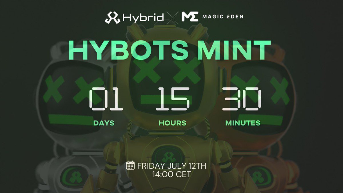 Just 40 hours until Hybots mint!

Time is ticking away, are you ready?

✦ July 12th 14:00 CET
✦ Only 5555 NFTs and 45,000 already whitelisted