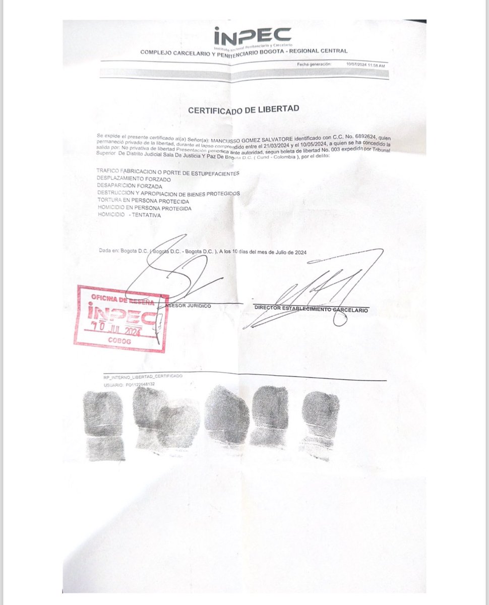 Danielbricen's tweet image. Esta es la boleta de libertad de Salvatore Mancuso.

Este documento representa la impunidad, con esto se burlan de miles de víctimas y de millones de colombianos.

El gobierno Petro le paga bien a los delincuentes, trabaja por ellos, mientras abandona a los colombianos decentes.