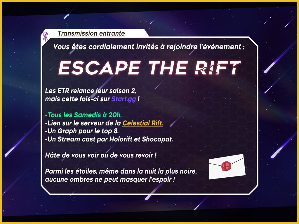 CelestialRift_'s tweet photo. 🚨Alerte de proximité "Escape the Rift"🚨 
🕶️La reprise des ETR  à commencer, et continue avec la 15e édition des ETR saison 2 !
🔗➤ https://t.co/fyBYsh2QSW https://t.co/I854uPshQf https://t.co/XG3fpwzr5l