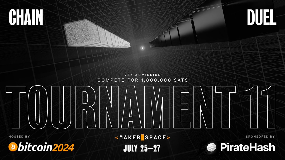 TheBitcoinConf's tweet photo. Explore the frontier of lightning, zaps, and gaming in the immersive bitcoin experience that is @chainduel at the #Bitcoin 2024 Maker Space.

Enter one of the 2 qualifying tournaments (25k sats admission) for a chance to win 400,000 sats and enter the final tournament for a grand prize of 1M sats, sponsored by @piratehash and exclusive conference merchandise.

Secure your spot at https://t.co/94DcSjwLSC