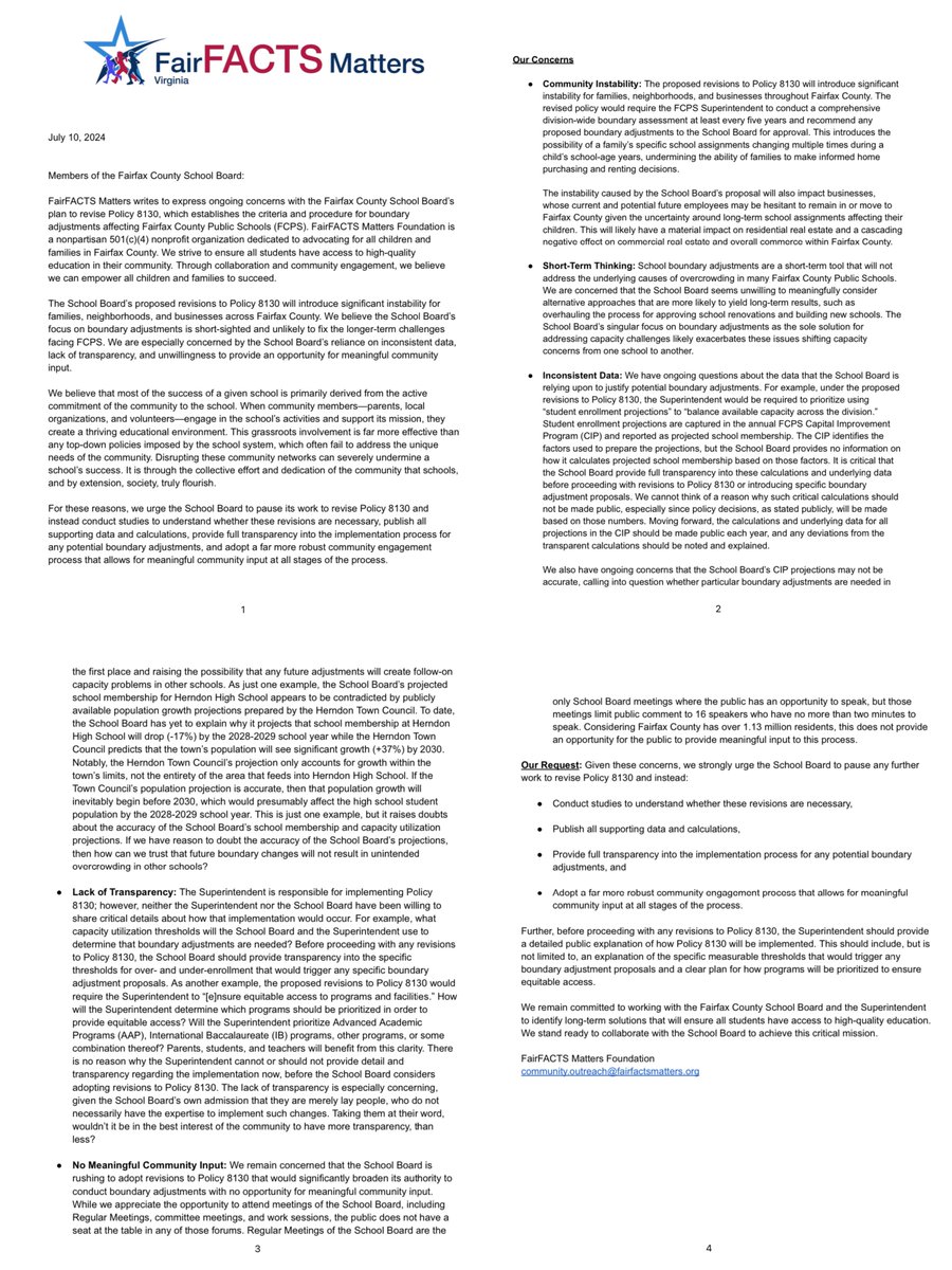 FairFACTSMatter's tweet photo. Please join FairFACTS Matters in bringing awareness to the critical issue of public school boundary adjustments, which impacts all of Fairfax County and its residents. 

Tell the Fairfax County School Board to pause any further work to revise Policy 8130!  #UnitedWeStand #ChildrenandCommunities