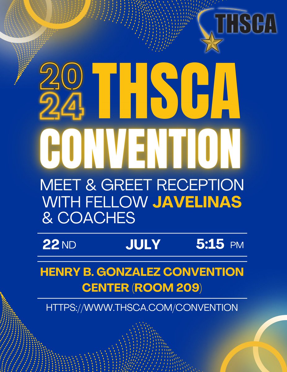 🚨🚨 Javelina Alumni &amp; THSCA Coaches🚨🚨

We would love to connect with you at the THSCA Convention in just under 2 weeks! Come by and see us in room 209 at the Henry B. Gonzalez Convention Center on July 22nd at 5:15 PM! 🐗🌴

#DontFlinch #GottaJAVit
