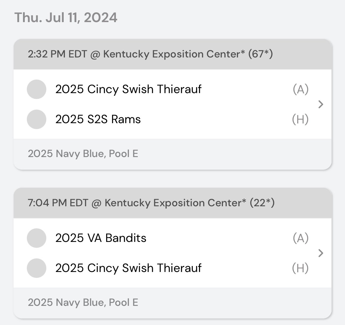 CincySwish's tweet photo. Cincy Swish Thierauf25 pool play schedule for Thursday, July 11 @TFNsRun4Roses Classic. Good luck ladies! #ExposureTime https://t.co/3w6dN05nNE