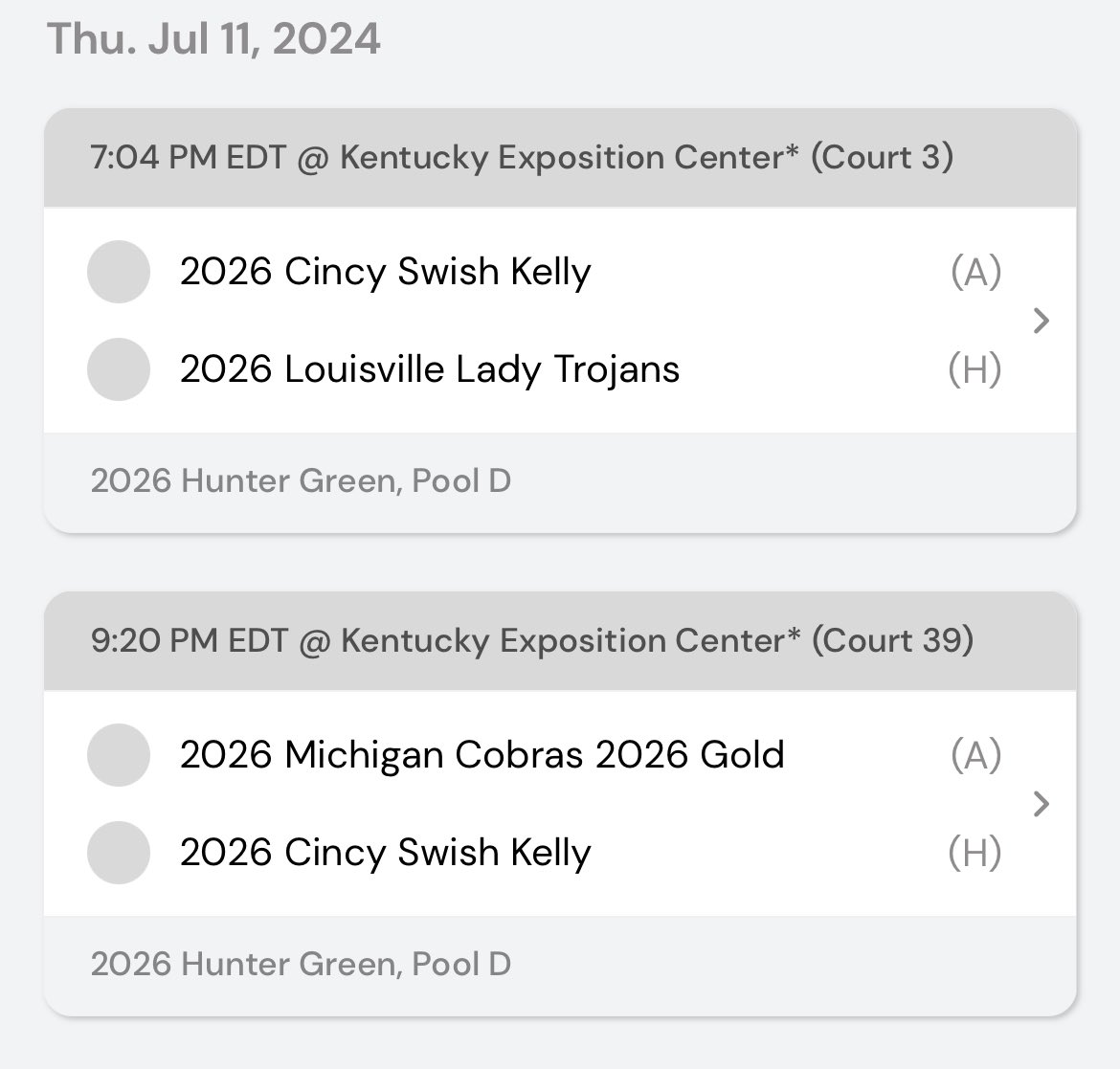 CincySwish's tweet photo. Cincy Swish Kelly26 pool play schedule for Thursday, July 11 @TFNsRun4Roses Classic. Good luck ladies! #ExposureTime https://t.co/SEQSFvvHEW