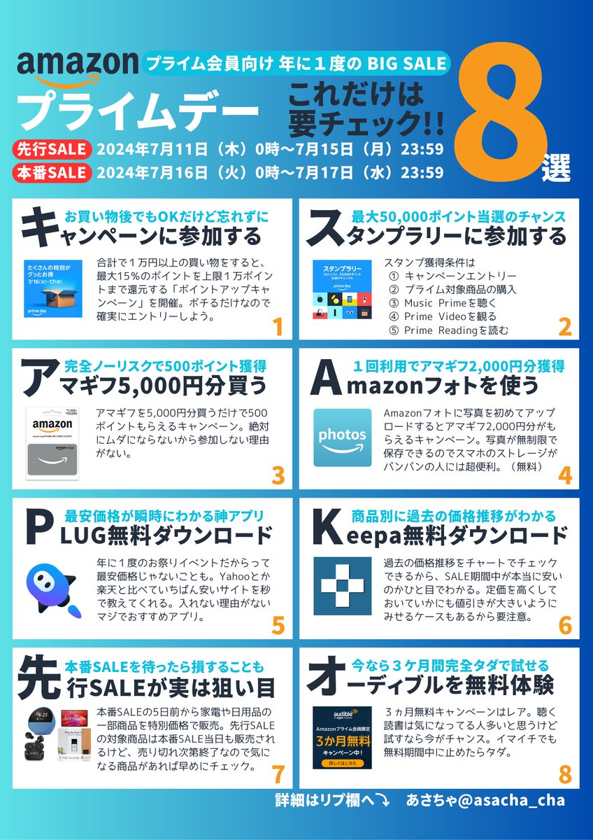 asacha_cha's tweet photo. いよいよ先行SALEスタート‼︎
『Amazonプライムデー』🛒
要チェックポイント８選をまとめたので参考にしてください。
（詳細リンクはリプ欄）
↓↓↓↓↓ https://t.co/GcTHaL0x6c