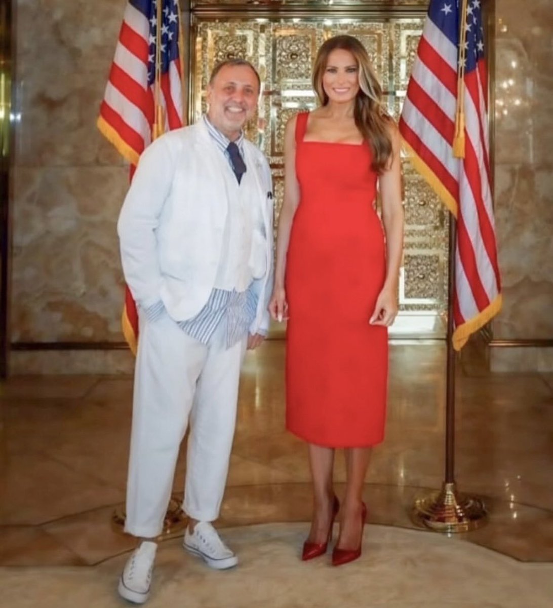 RonFilipkowski's tweet photo. Melania on Monday with her “personal stylist” Herve Pierre Braillard, who is paid $18,000 a month from Trump’s Save America PAC despite the fact that Melania hasn’t attended a single campaign event and won’t be seen in public with her husband. https://t.co/6sxe5DuYNB