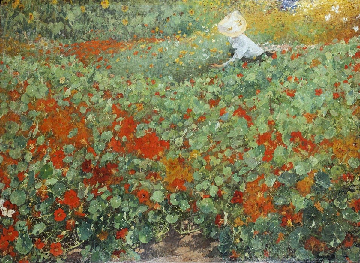 Jacobus van Looy was born in Haarlem in 1855 and died in Haarlem in 1930. This is 'The Garden' from 1893. Oil on canvas: 93 x 137 cm.