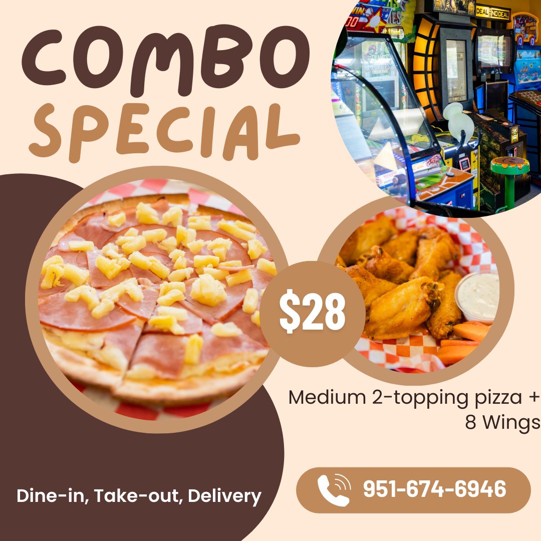 mbpizza1's tweet photo. Wednesday's deal at My Buddies Pizza: Double arcade tickets &amp; an irresistible food combo: a medium 2-topping pizza of your choice plus 8 wings (traditional or boneless) for just $28! #Deals #HumpDay #Offer #Wings #Yummy #combo #dinner #Pizza #LakeElsinore #SoCal #arcade #Games https://t.co/2jXgwqdbfg