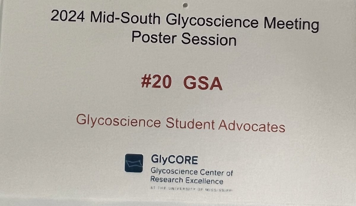 MarwaMMFarrag's tweet photo. Our glycoscience student advocates today at the 2024 Mid-South Glycoscience Meeting at the University of Mississippi!

We had a poster introducing our awesome organization and shared our passion for glycoscience.

#Glycoscience #MidSouthMeeting #GLYCORE #StudentOrganization #GSA https://t.co/M3jBYo9kgs