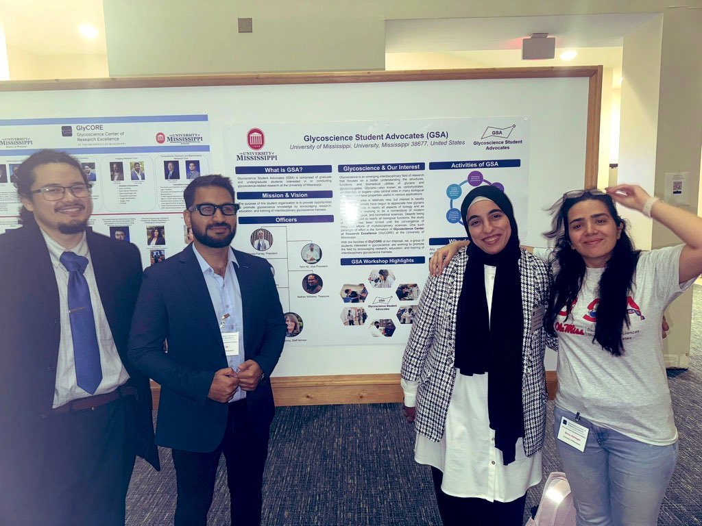MarwaMMFarrag's tweet photo. Our glycoscience student advocates today at the 2024 Mid-South Glycoscience Meeting at the University of Mississippi!

We had a poster introducing our awesome organization and shared our passion for glycoscience.

#Glycoscience #MidSouthMeeting #GLYCORE #StudentOrganization #GSA https://t.co/M3jBYo9kgs