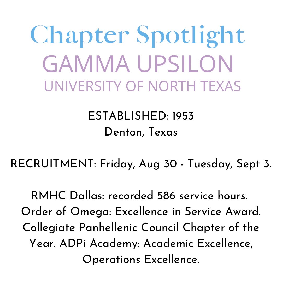 Over these next six months, we will be shining a spotlight on our 10 Texas chapters who participate in Fall Recruitment. Next up is Gamma Upsilon chapter at the University of North Texas in Denton. 
 
#WLFEOWednesday #AlphaDeltaPi #FormalRecruitment #GoADPi #ADPiTexasInitiative