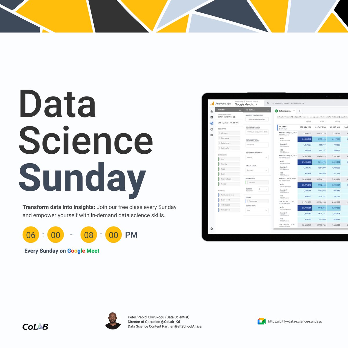 ahmed_onchain's tweet photo. Practice is the key to turning knowledge into understanding. But, we often struggle to apply what we've learned because theory alone isn't enough. That's where #DataWeekend comes in!
Join us every weekend, @CoLab_kd Friday-Sunday, for 6 hours of free data analysis/science Class. https://t.co/1bqSD1vsza
