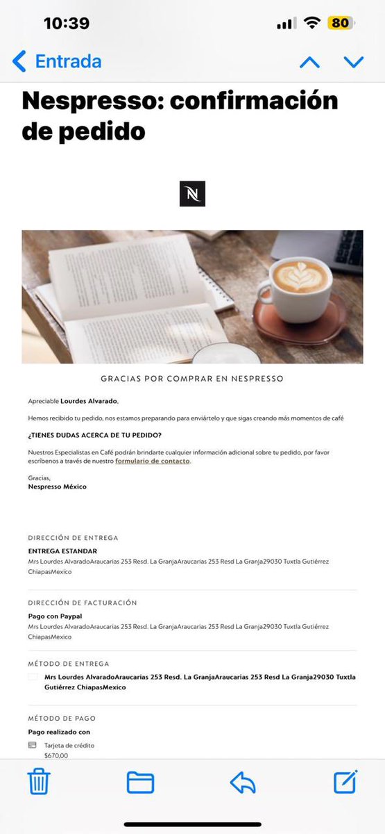 cor9114's tweet photo. @NespressoMX Espero nos puedan por favor ayudar, mi mamá realizó con uds una compra en línea el pasado 02 junio 2024 y al día de hoy no le han enviado nada @Nespresso https://t.co/RvspO4zKU6