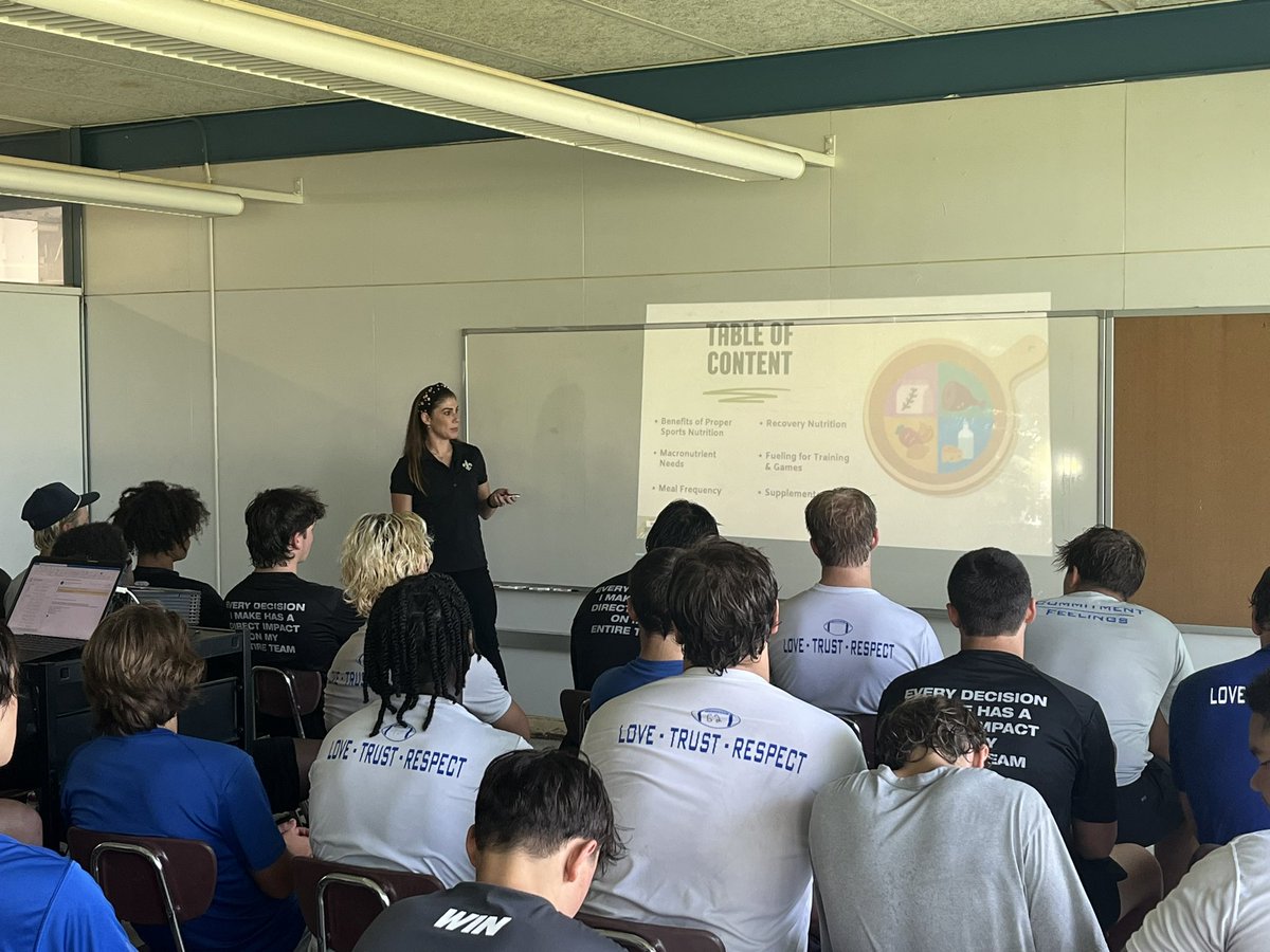 WFHS_FB's tweet photo. Huge Thank You to Nola Saints @Saints Director of Sport Nutrition Jamie Meeks for speaking to our Team today on properly fueling our body. “Champions Eat Breakfast”

#1WestFel #BetheSTandard https://t.co/G5PwZ5KM6z