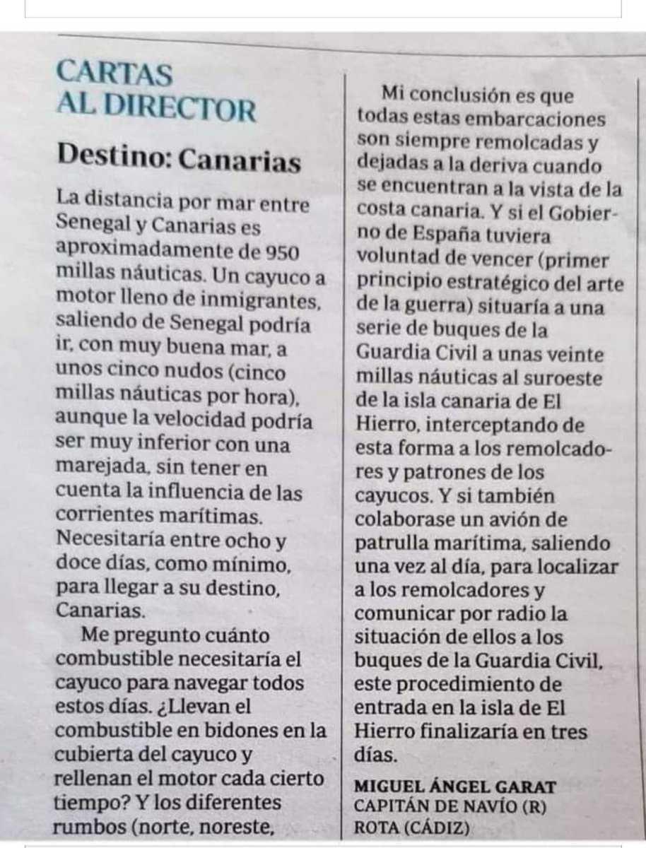Cómo terminar con la avalancha migratoria en Canarias a partir del conocimiento de la mar. 

Una carta al director en ABC, escrita por un capitán de navío.