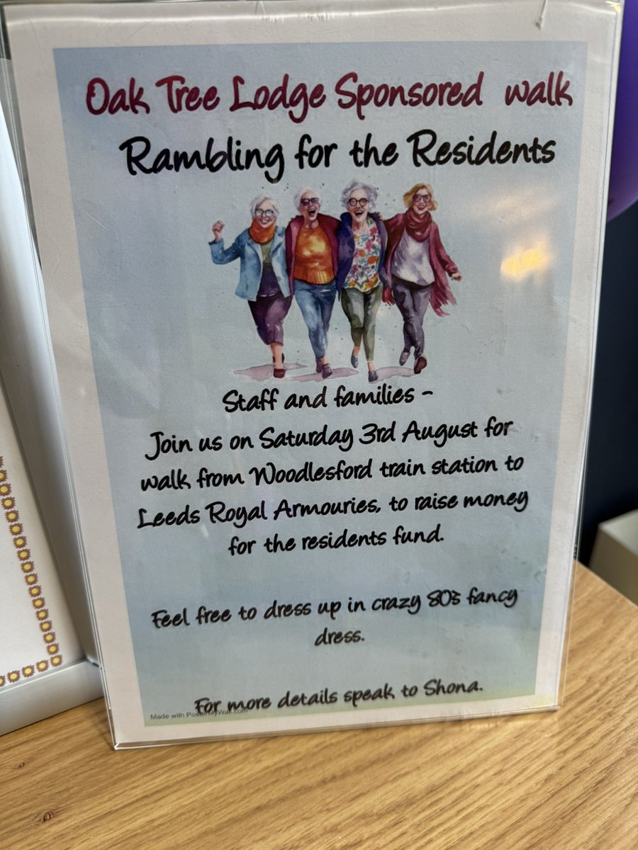 Saturday 3rd August relatives and staff are doing a sponsored walk to help raise funds for our wonderful residents. You may see some of us dressed in neon fancy dress and we would love all the support we can get from everyone. If you would like more info, come and speak to Shona.