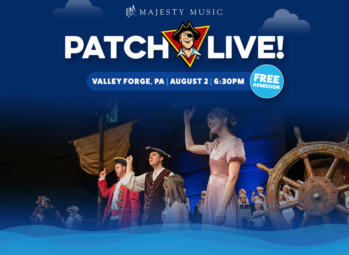 PatchAdventures's tweet photo. Join the Patch Crew for a “Patch LIVE!” in Valley Forge, PA on Friday, August 2nd!
Mark your calendar for this fun, family, sing-along event!
📍Valley Forge Baptist
🗓️ August 2nd
🕢 6:30pm
#PatchThePirate #PatchConcert #PatchCrew #VallyForgePA https://t.co/quxXGk7yiZ