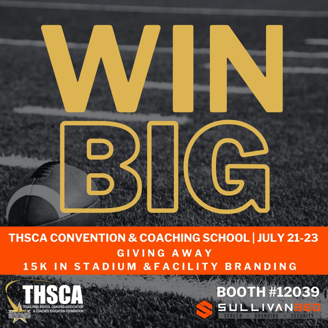 Sullivan_360's tweet photo. 🏈ATTN COACHES! 🏈
Ready for the #THSCA? 
We're GIVING AWAY 15K in custom stadium and facility branding + two 55in Smart TVs!
Starting today, EVERY POST is a chance to win. 
ENTER BY: 
1⃣ Following @sullivan_360
2⃣ Like our daily posts
3⃣Re-tweet this post -  START NOW!
@THSCAcoaches