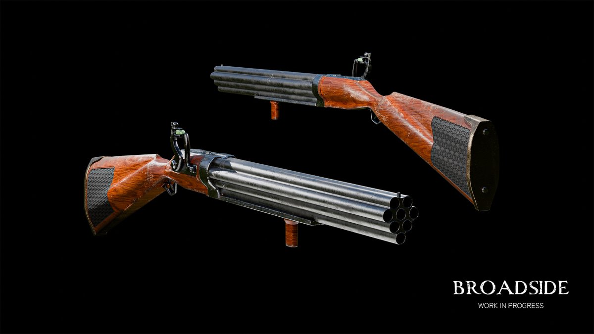 BroadsideDev's tweet image. The Nock Gun, game variant.
This game ready model was created and textured in under 12 hours, with a poly count of under 16k tris.

For Broadside, our approach to weapon design is to maintain a limited selection (5-6) ensuring each weapon has its own unique features and identity.