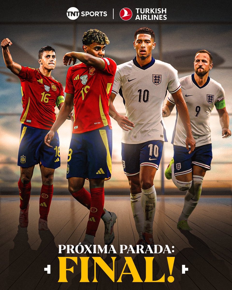 TNTSportsBR's tweet photo. Senhoras e senhores, a final da #Euro2024 está definida! 🇪🇸⚔️🏴󠁧󠁢󠁥󠁮󠁧󠁿Quem vai ficar com a taça? 🏆 #TurkishAirlines #teuro

Oferecimento: @TurkishAirlines https://t.co/C1NBDkmpRX