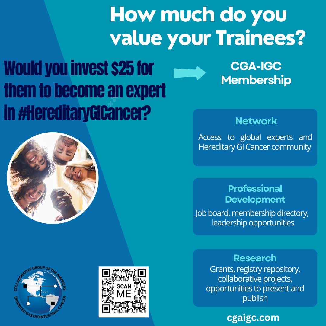CGAIGC's tweet photo. ๐ขIs your trainee showing interest in the #HereditaryGICancer fieldโ
Show your support &๐their first year of #CGAIGC membership for only $25โผ๏ธ
It's simpleโผ๏ธ
Scan the ๐ฟ๐or click๐๐https://t.co/iiQRmAjPFR
#GIFellow #GITwitter #medtrainee #OncTrainee #surgtwitter https://t.co/iGmgPNgxeR