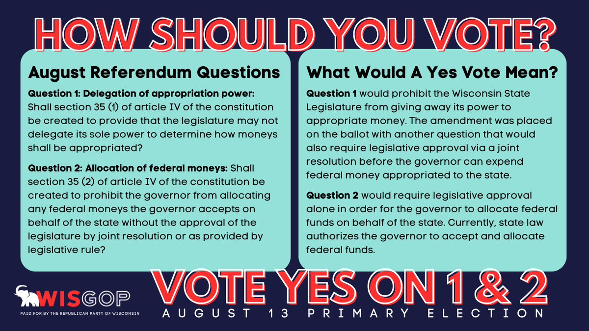 RyanVaz32's tweet photo. Kenosha might not have any Republican primaries this August, but there are still some very important questions on the ballot! Make sure to vote YES on both Referendum Questions next month!

@GOPKenosha @WisGOP 
#Commit2Win #TooBigToRig https://t.co/EolTHhBIk6