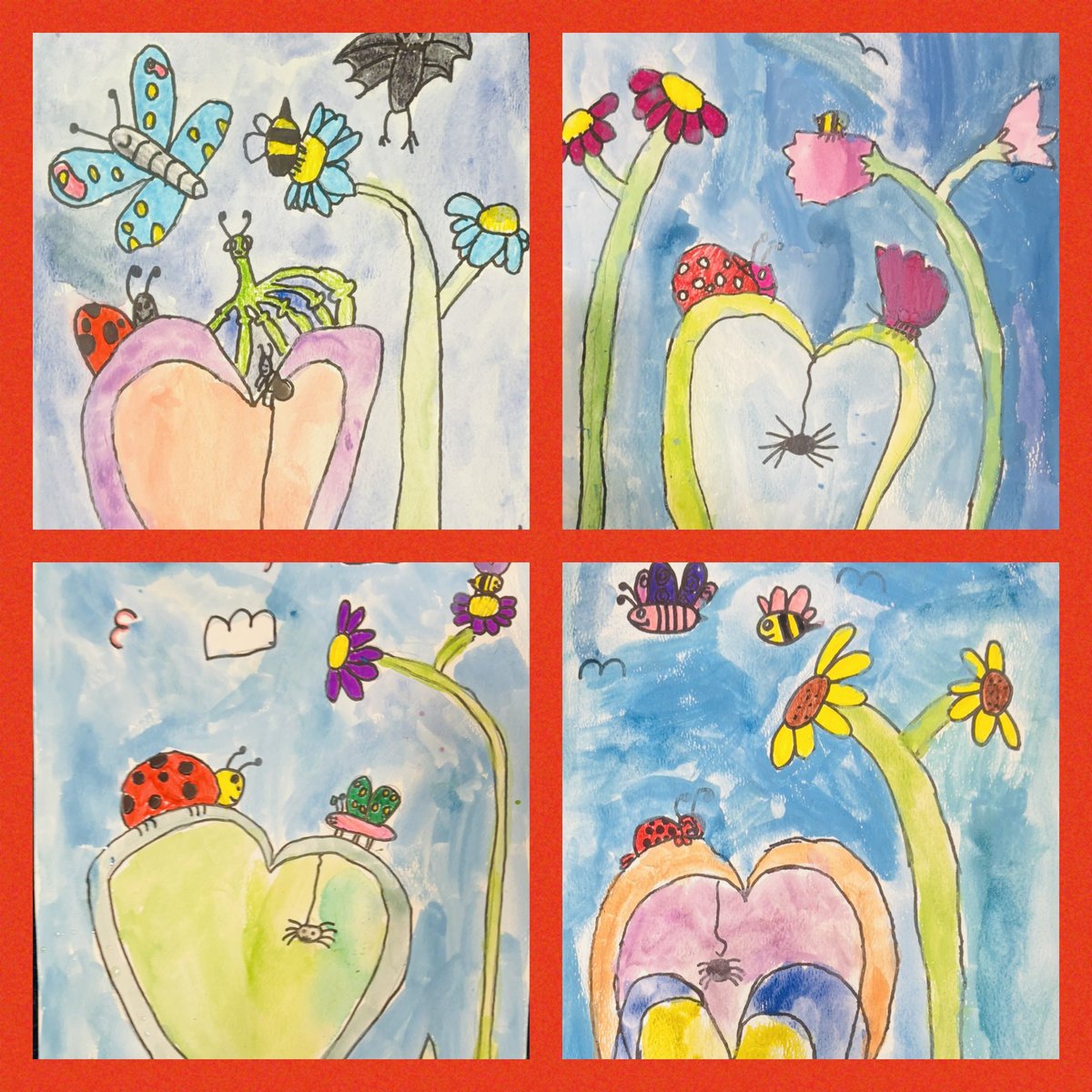 art4creativity1's tweet photo. After School Club @ArchibaldFirst KS1: we drew these gorgeous leaf hearts for all the insects that help our world! We sketched a heart first, then we turned it into leaves! We drew our own flowers &amp; grass before adding our favourite insects! What a great way to end the year! 😊 https://t.co/VPkE1mThD9