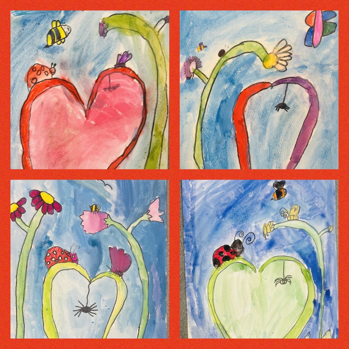 art4creativity1's tweet photo. After School Club @ArchibaldFirst KS1: we drew these gorgeous leaf hearts for all the insects that help our world! We sketched a heart first, then we turned it into leaves! We drew our own flowers &amp; grass before adding our favourite insects! What a great way to end the year! 😊 https://t.co/VPkE1mThD9