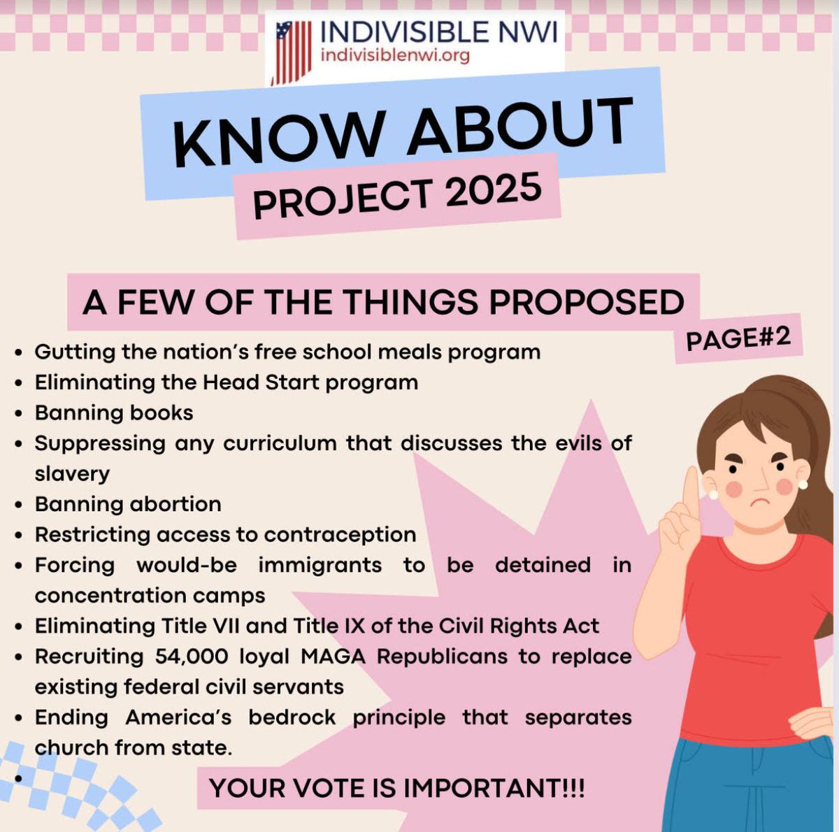 HeidiforIndiana's tweet photo. Wondering what Project 2025 is all about & why it is bad for the country and for Indiana? Check out this great summary from Indivisible NWI (Northwest Indiana) about just some of the plans. You can also find the whole 900 page plan online. #HeidiforIndiana #project2025explained https://t.co/R0cyZHFhQs