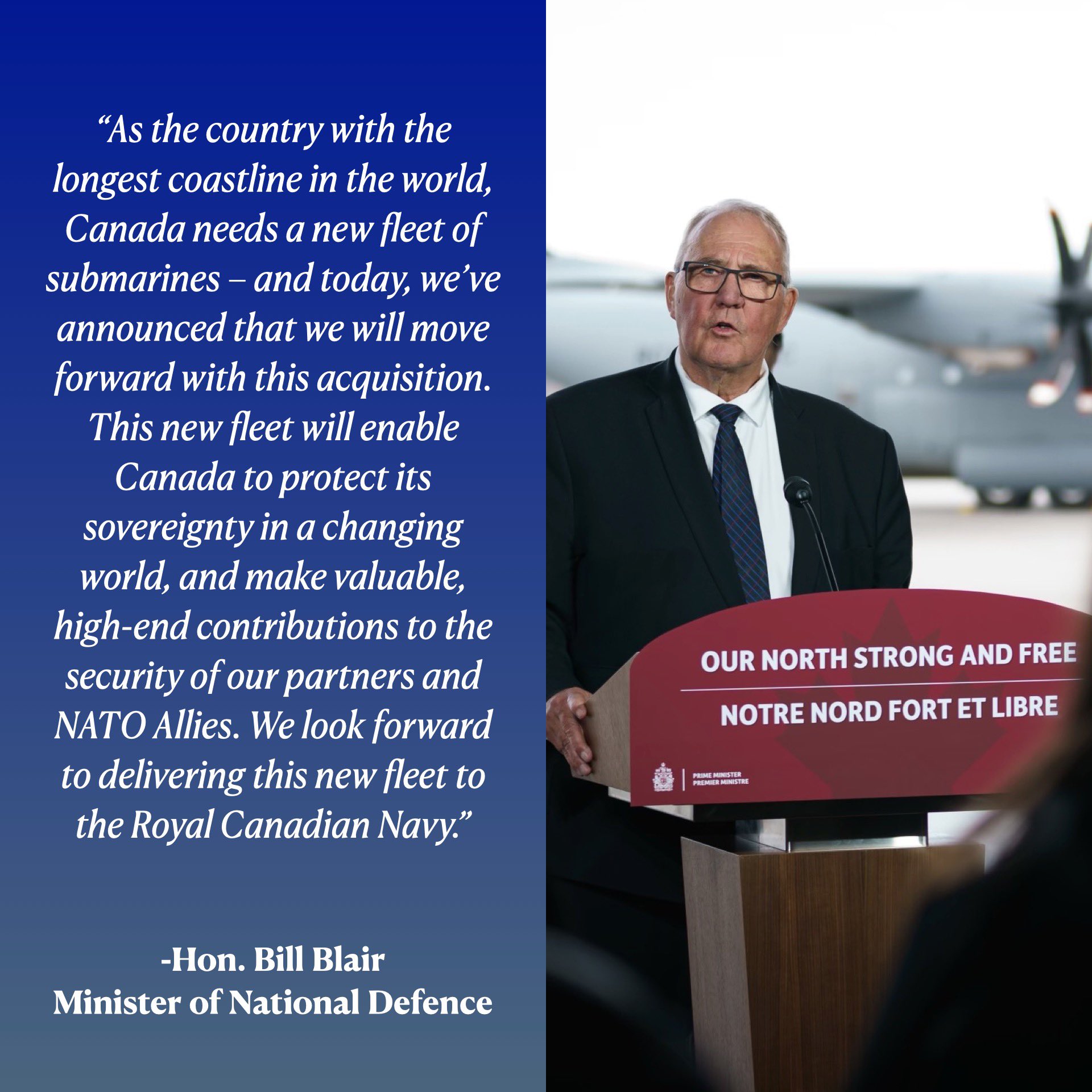 Bill Blair on X: "Announced today: Canada is launching a process to acquire up to 12 conventionally-powered, under-ice capable submarines. This new fleet will enable the @RoyalCanNavy to detect and deter maritime