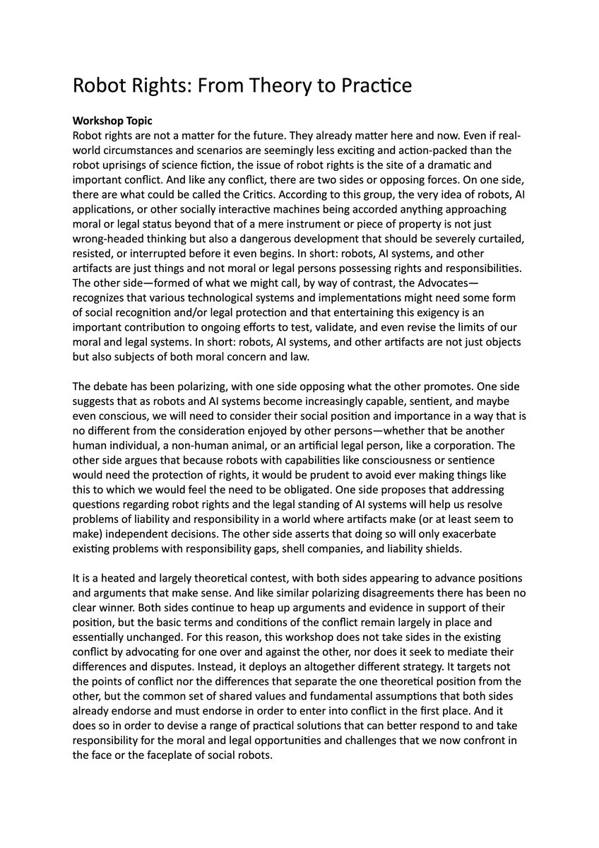 "Robot Rights: From Theory to Practice"
Due to the withdrawal of one of the participants, we now have an opening in our workshop for the 2024 <a href="/Robophilosophy_/">Robophilosophy Conference</a> conference at <a href="/AarhusUni_int/">Aarhus University</a> 20-23 August. If you would like to join us, let me know via DM ASAP.
cas.au.dk/en/robophiloso…