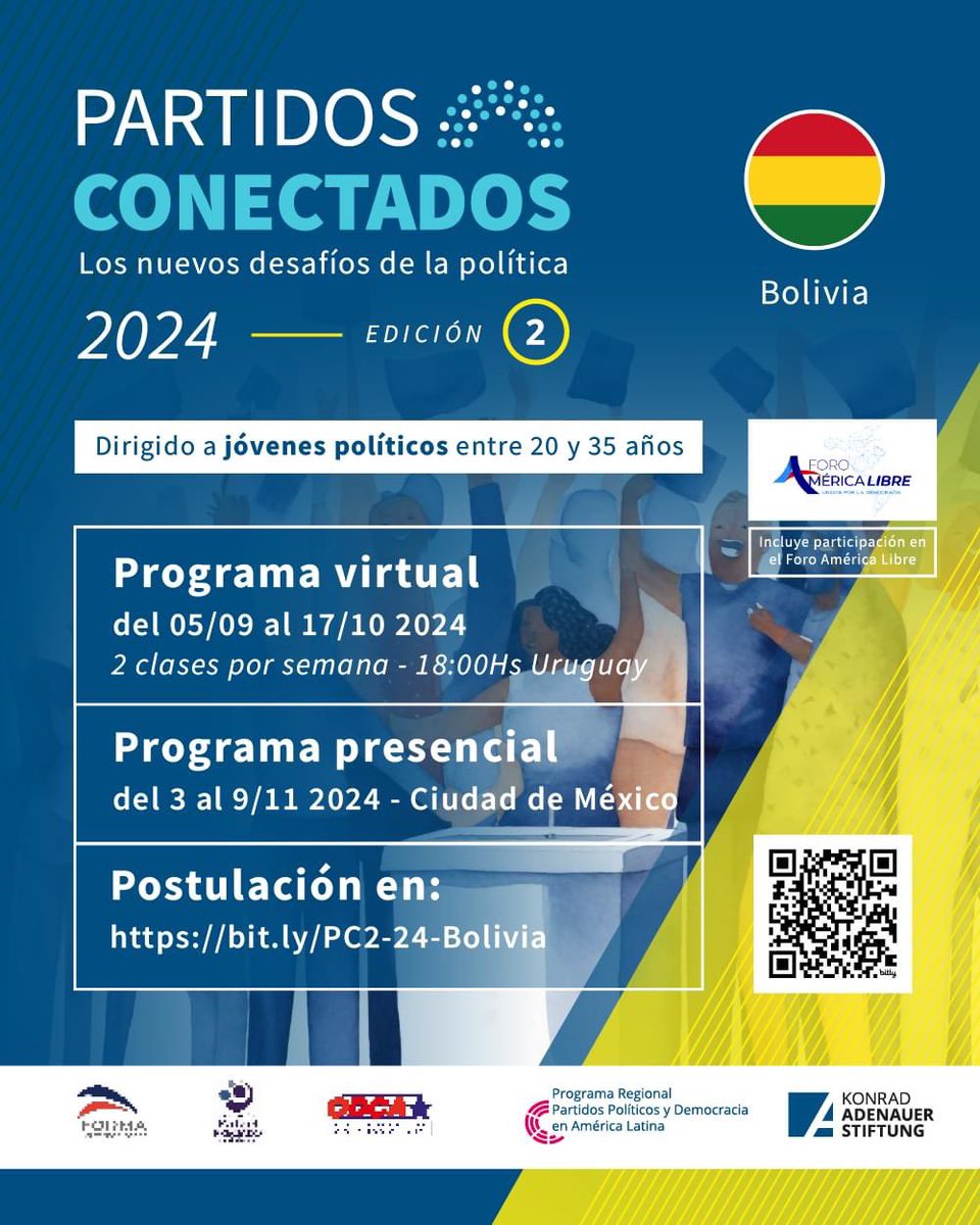 KAS__Bolivia's tweet photo. ¡Atención #Bolivia! 🇧🇴 Las oficina KAS Partidos te invita al diplomado #PartidosConectados🎓
🔎Lee con mucha atención los requisitos
📆Postula hasta el jueves 18 de julio
🔗Enlace: https://t.co/cSkD8afgzn o escanea el QR en imagen
¡Te esperamos!🇧🇴🤝🏽🇩🇪
#KAS4Democracy #KASPartidos https://t.co/cTxiZrWcAT