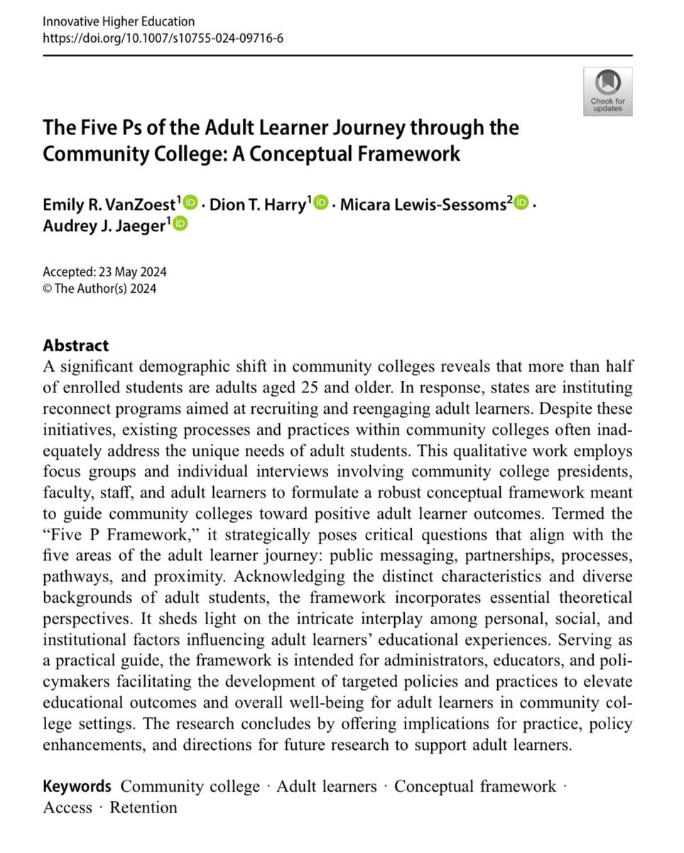 Uncle Dion, PhD (@dionharry_) on Twitter photo Check out our pub! 🌟
Excited to share the newest *open access* article co-written w/ <a href="/EmilyRVanZoest/">Emily VanZoest, Ph.D.</a>, <a href="/52micara/">Micara Lewis-Sessoms</a>, and <a href="/AJJAEGER/">Dr. Audrey J. Jaeger</a>!
In this article, we introduce a new framework for community college leaders and practitioners to utilize to recruit and support adult learners! Check out our pub! 🌟
Excited to share the newest *open access* article co-written w/ <a href="/EmilyRVanZoest/">Emily VanZoest, Ph.D.</a>, <a href="/52micara/">Micara Lewis-Sessoms</a>, and <a href="/AJJAEGER/">Dr. Audrey J. Jaeger</a>!
In this article, we introduce a new framework for community college leaders and practitioners to utilize to recruit and support adult learners!