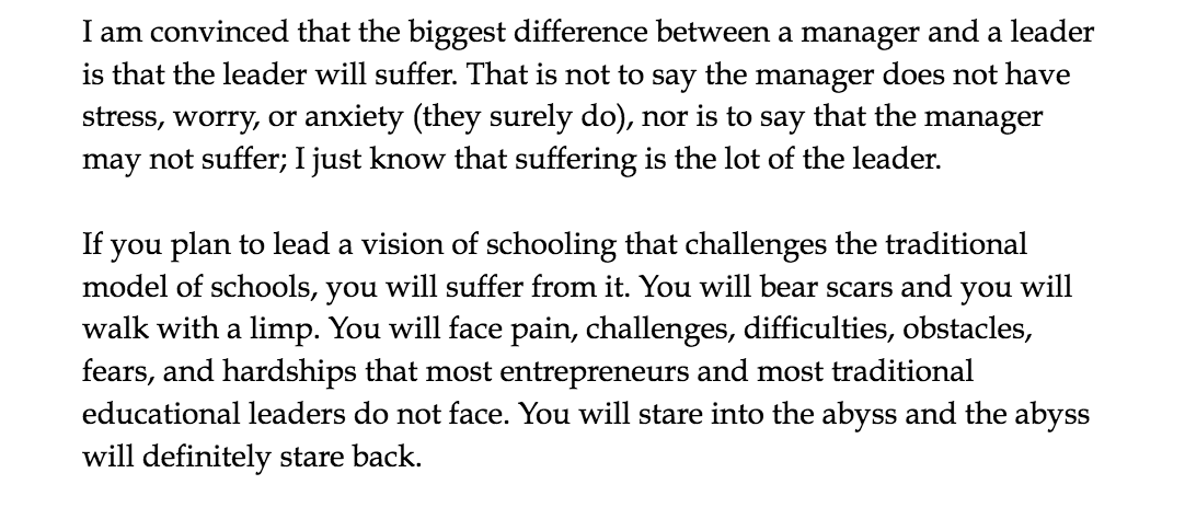 drscottamartin's tweet photo. "If you plan to lead a vision of schooling that challenges the traditional model, you will suffer from it. You will stare into the abyss and the abyss will definitely stare back"

From "The Edupreneur's Field Guide" https://t.co/74OCzgwB7O.. https://t.co/VEfDtSYoHu