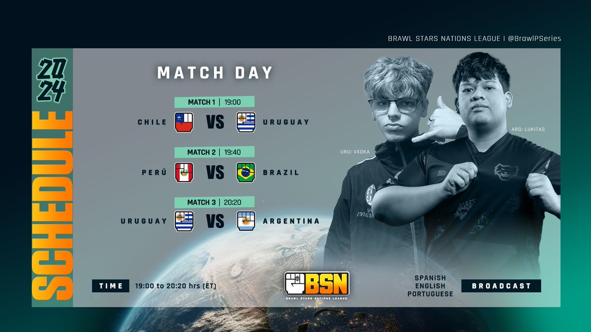 BSN: Brawl Stars Nations League (@brawlpseries) on Twitter photo #BSN • MATCHDAY
SA WEEK 2
TODAY - 8PM🇧🇷🇦🇷 7PM 🇨🇱🇵🇾 6PM 🇵🇪
🇪🇸twitch.tv/nearz_z
🇧🇷youtube.com/@brunoclash
🇧🇷youtube.com/@kingjoejnt
M1
🇨🇱 <a href="/SelCL_BS/">Selección Chilena BrawlStars</a>
🆚
🇺🇾 <a href="/SelUruguayaBS/">Selección Uruguaya BS</a>
M2
🇵🇪 <a href="/SeleccionPeBS/">Selección Peruana BS ⭐⭐</a>
🆚
🇧🇷 <a href="/SelBrasil_BS/">Seleção Brasileira BS</a>
M3
🇺🇾 <a href="/SelUruguayaBS/">Selección Uruguaya BS</a>
🆚
🇦🇷 <a href="/SeleccionARGBS/">🇦🇷| Sel. Argentina BS</a> #BSN • MATCHDAY
SA WEEK 2
TODAY - 8PM🇧🇷🇦🇷 7PM 🇨🇱🇵🇾 6PM 🇵🇪
🇪🇸twitch.tv/nearz_z
🇧🇷youtube.com/@brunoclash
🇧🇷youtube.com/@kingjoejnt
M1
🇨🇱 <a href="/SelCL_BS/">Selección Chilena BrawlStars</a>
🆚
🇺🇾 <a href="/SelUruguayaBS/">Selección Uruguaya BS</a>
M2
🇵🇪 <a href="/SeleccionPeBS/">Selección Peruana BS ⭐⭐</a>
🆚
🇧🇷 <a href="/SelBrasil_BS/">Seleção Brasileira BS</a>
M3
🇺🇾 <a href="/SelUruguayaBS/">Selección Uruguaya BS</a>
🆚
🇦🇷 <a href="/SeleccionARGBS/">🇦🇷| Sel. Argentina BS</a>