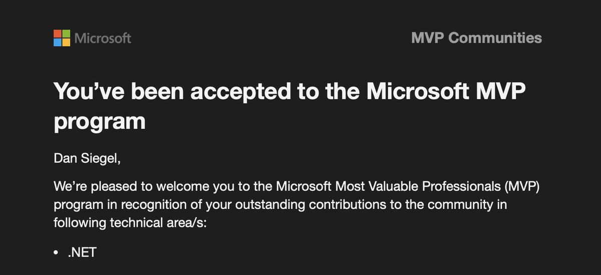 DanJSiegel's tweet image. Well it's official... I'm very happy to have been renewed by the @MVPAward team. It's been a wild ride from my early #xamarinforms days that led me to becoming a full time OSS maintainer for #PrismLib and now a core maintainer for @UnoPlatform #MVPBuzz #dotnet #developer