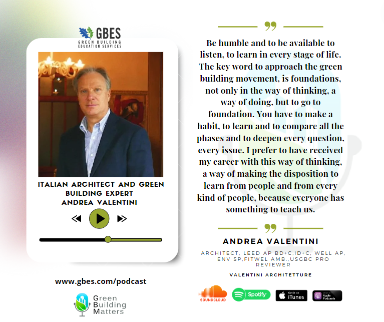 #greenbuildingmatterspodcast --- Andrea Valentini shares his wealth of knowledge on #sustainablearchitecture, #innovativegreenbuildingpractices, and the future of eco-friendly design. 

#education #podcast #ValentiniArchiteture  #GreenGlobes #Sustainability #LEEDRatingSystem