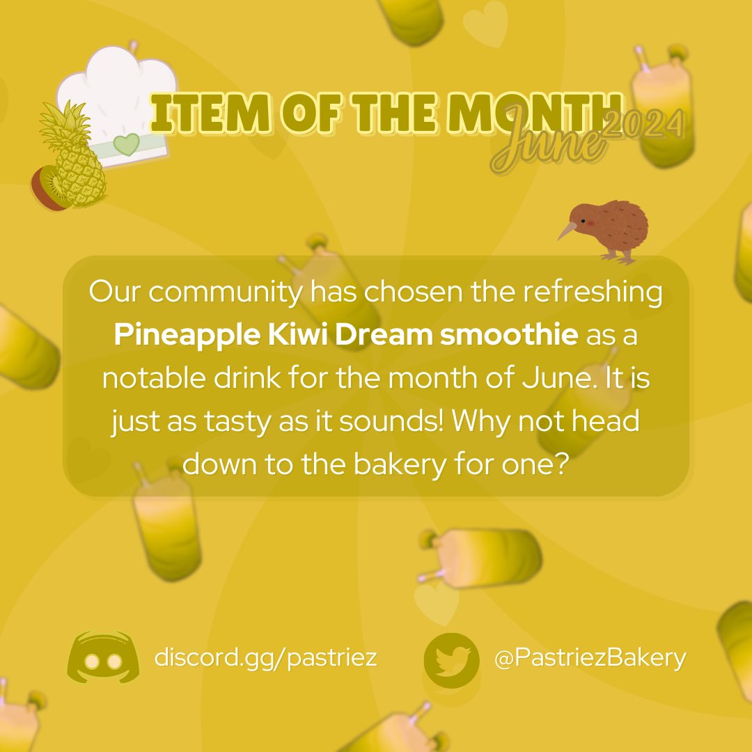 Be sure to order a Pineapple Kiwi Dream Smoothie at the bakery! We hope to do more community polls in the future via our Discord server! 
#pastriez #roblox #robloxcafe #robloxgame #pineapple