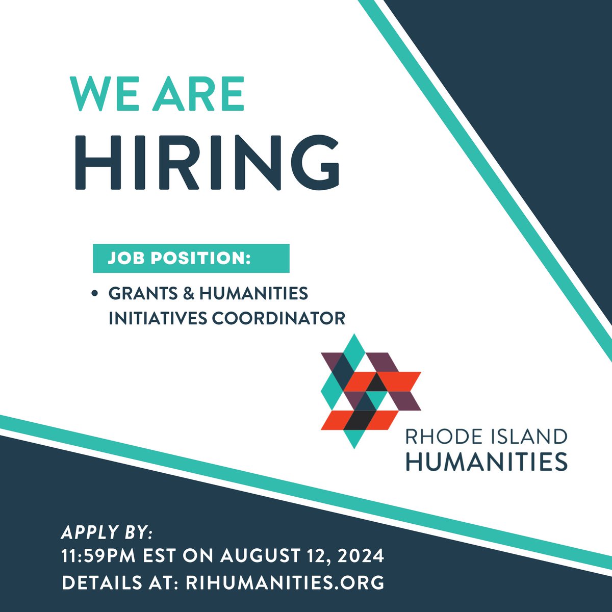 We're hiring! Help us spread the word about this opportunity to support RI Humanities as a Grantmaking &amp; Humanities Initiatives Coordinator. Deadline to apply is August 12, 2024. Details at: ow.ly/QNxf50SyXYm