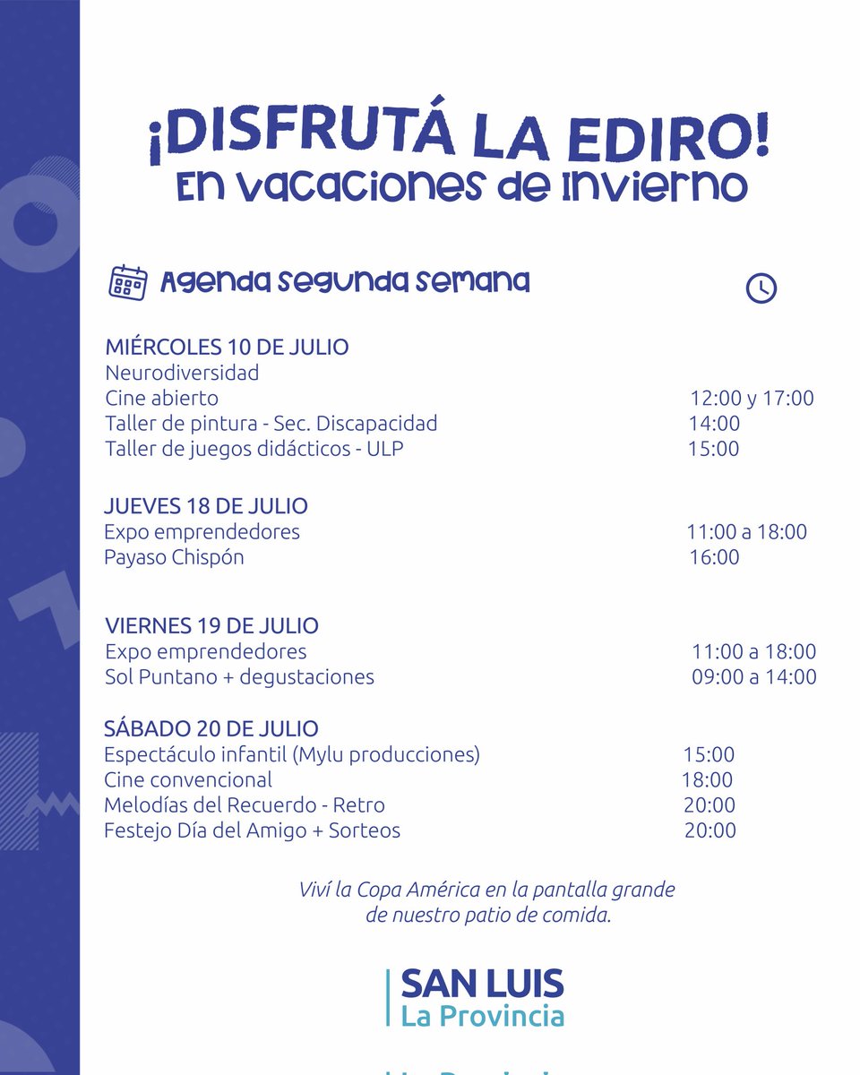 ¡Disfrutá la EDIRO en vacaciones de invierno! ❄️🎉

Del 10 al 20 de julio, tenemos una agenda llena de actividades para toda la familia. ¡No te lo pierdas! 🤩🙌

📍 EDIRO Terminal de Ómnibus - Av. del Fundador s/n

#DisfrutáLaEDIRO