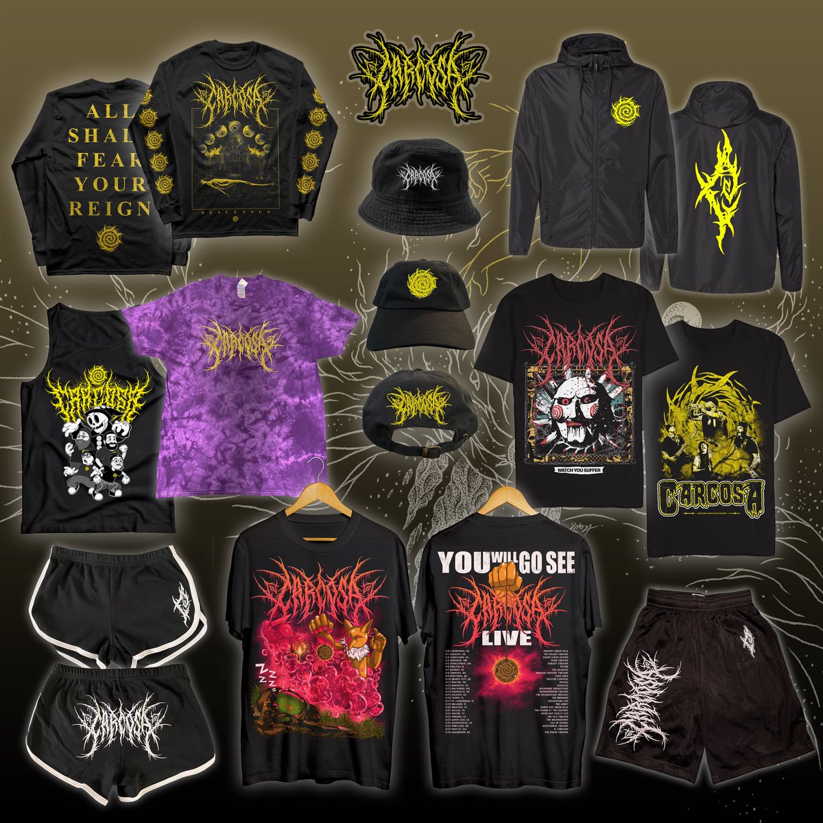 carcosabc's tweet photo. ‘Everything’s F#!@ed’ tour merch drop is LIVE NOW! Tour exclusive leftovers, and a restock of a few items we brought on the road with us 👀🔥

Limited quantities only, be sure to head over to 🔗 https://t.co/et0zutiroi to grab yours while supplies last 🚨👇 https://t.co/feGG1ct19X