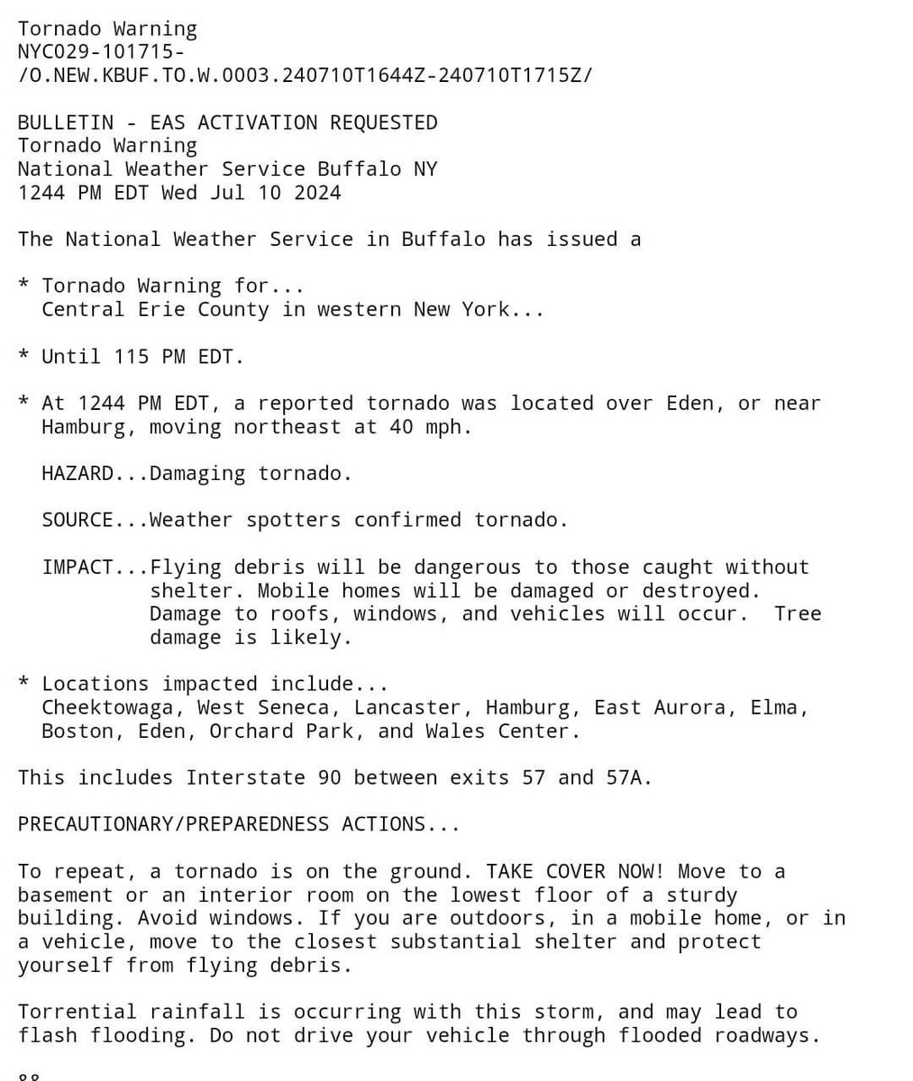 There was a confirmed touchdown of a tornado in the Eden/North Collins area.

This fast moving storm will push through Hamburg rapidly. 

Follow the information on the IPAWS Message send to your cellphone.