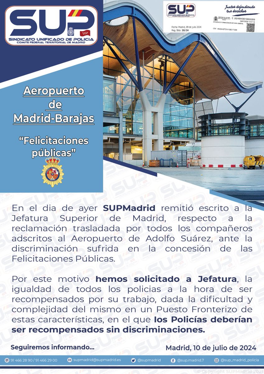 supmadrid's tweet photo. ✍️ Hemos registrado escrito #comunicando y #solicitando a #Jefatura la #discriminación sufrida por los compañeros👮♂️👮♀️ adscritos al #Aeropuerto 🛬 y la necesidad de ser recompensados sin discriminación 🟰
Trabajo serio y riguroso
#ContigoEnPrimeraLínea https://t.co/QD0sNJf6I1