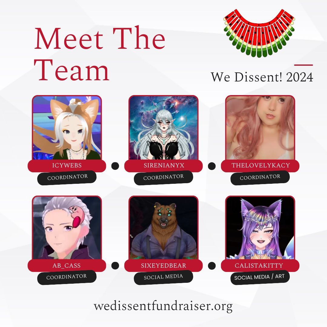 WeDissentStream's tweet photo. Meet the team behind We Dissent! 2024! IcyWebs (Twitch), @SireniaNyx, @thelovelykacy, ab_Cass (Twitch}, @SixEyedBearVT, @CalistaKittyVT. 
#wedissent #wedissent2024 #PCRF #Palestine #charity #fundraiser #twitch https://t.co/VOuq98MKIX