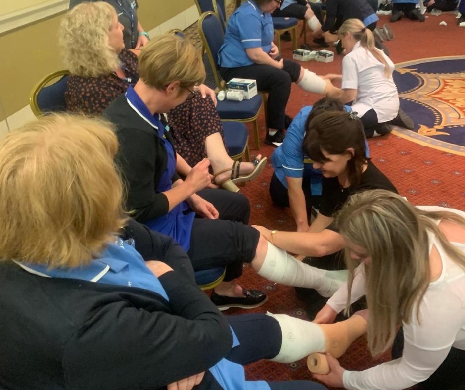 SouthernHSCT's tweet photo. Our wonderful District Nurses are putting their best foot forward to meet the needs of patients with leg ulcers. 🦵
They attended a bandaging workshop which highlighted all aspects of best practice guidelines and the importance and art of bandaging. 🩹
Well done teams!
#TeamSHSCT https://t.co/x2auwg0BFw